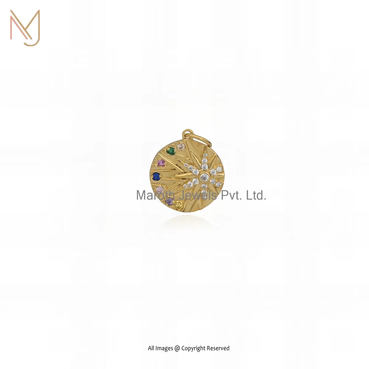 14K Yellow Gold Multi Gemstone Star Disc Pendant Custom Jewelry