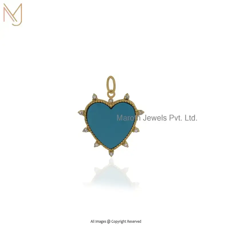 14K Yellow Gold Turquoise & Diamond Gemstone Heart Pendant Manufacturer
