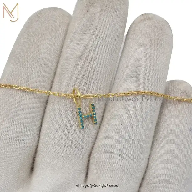 925 Silver Yellow Gold Plated Diamond & Turquoise Initial H Letter Charm Bracelet Custom Jewelry