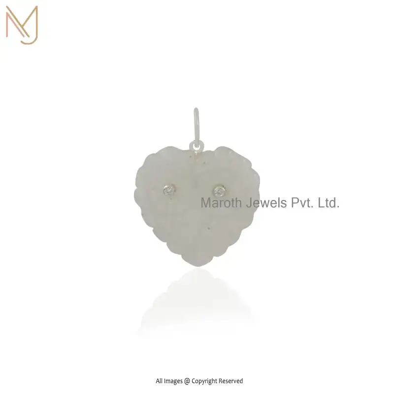 14K White Gold Moonstone & Cubic Zircoina Owl Evil Eye Heart Pendant USA