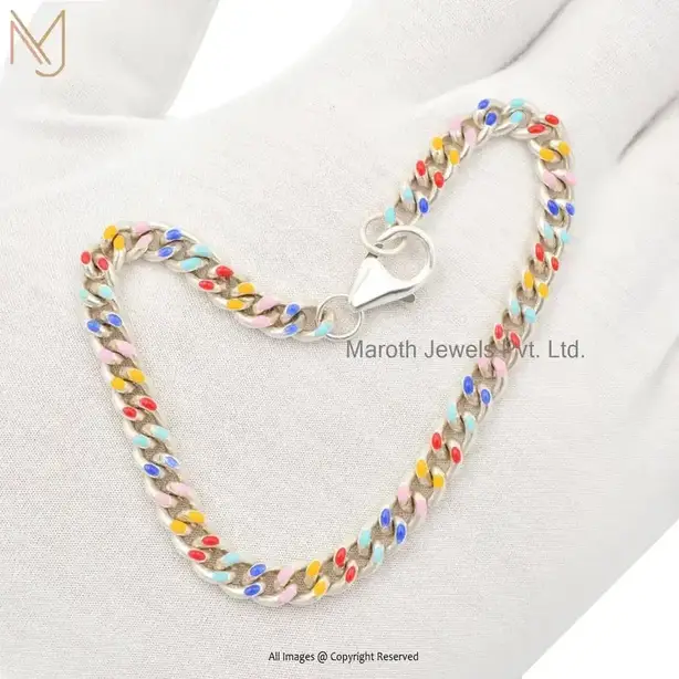 14K Yellow Gold Multi Enamel Curb Chain With Lobster Lock Bracelet USA