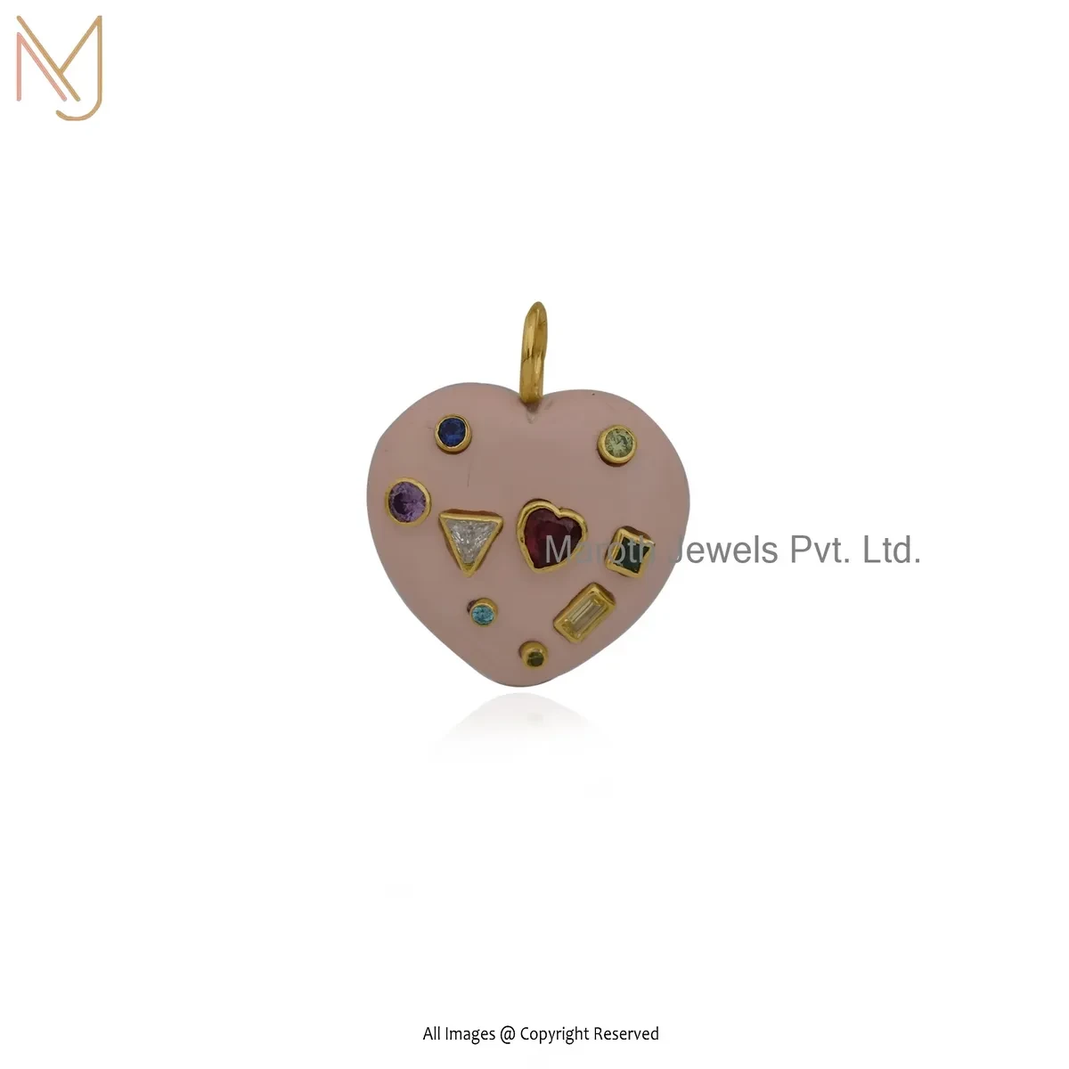 14K Yellow Gold Pink Opal Multi Gemstone Heart Pendant Jewelry Supplier