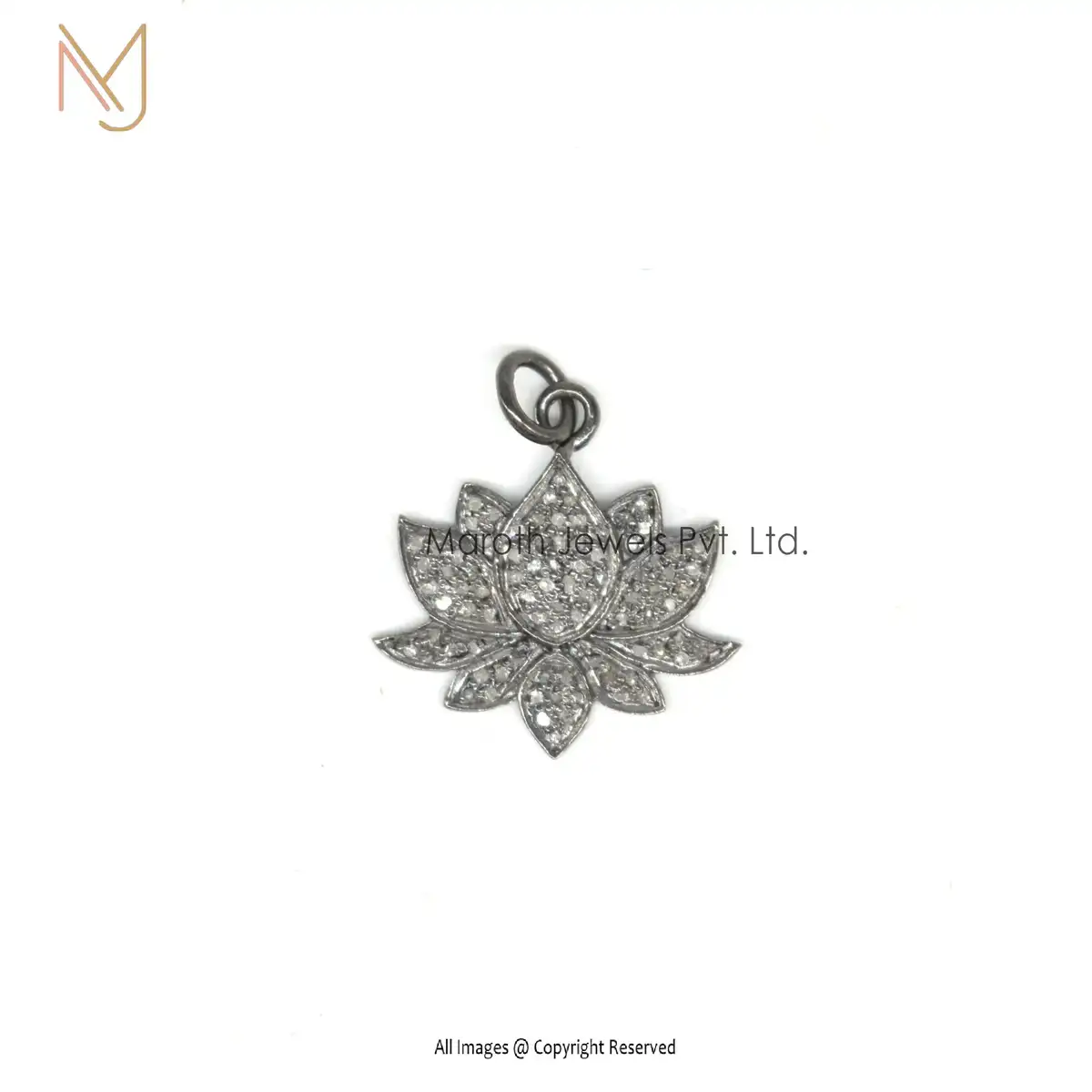 925 Silver Black Rhodium Plated Pave Diamond Lotus Flower Pendant USA