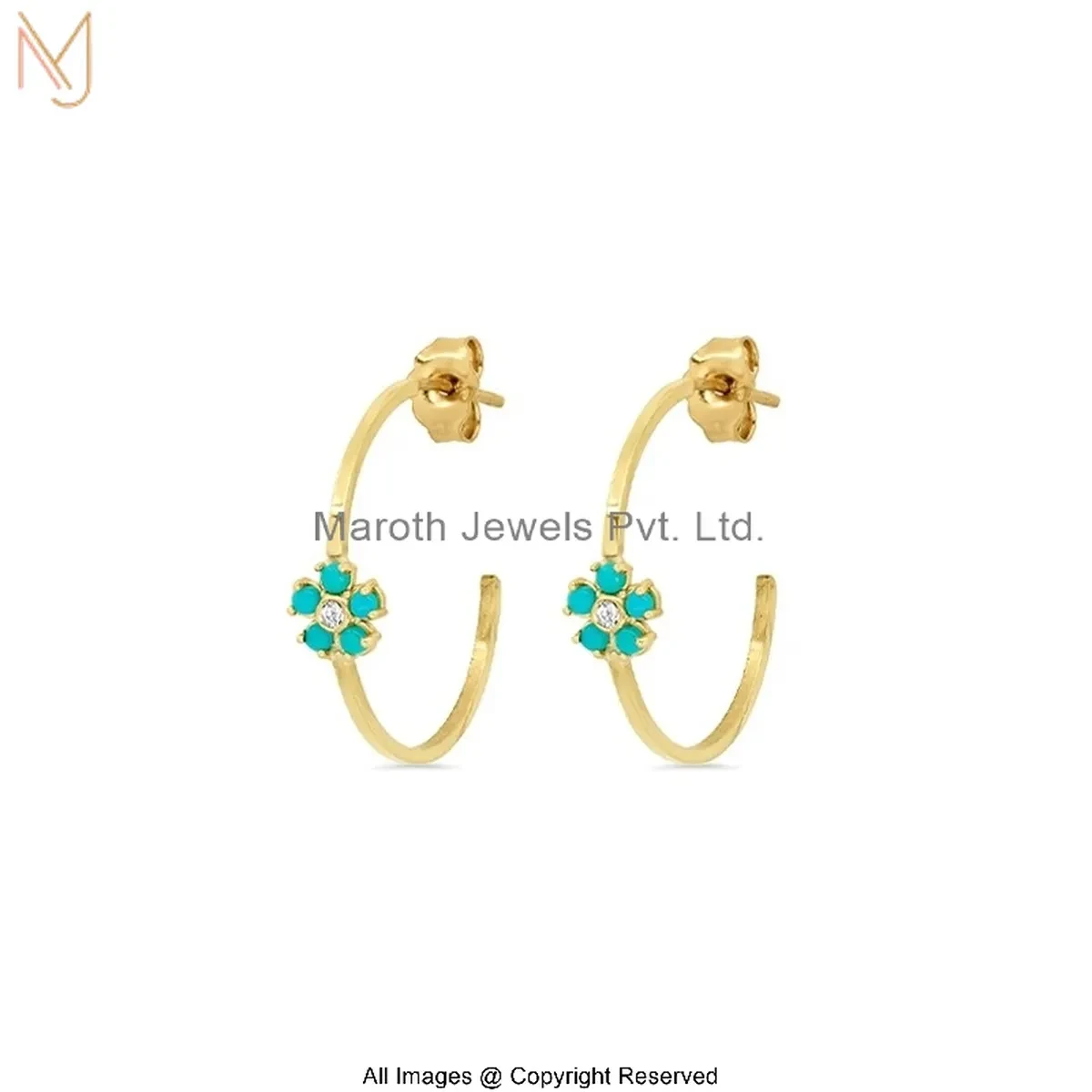 925 Silver Yellow Gold Plated Diamond Gemstone Flower Design Hoop Earring Custom Jewelry