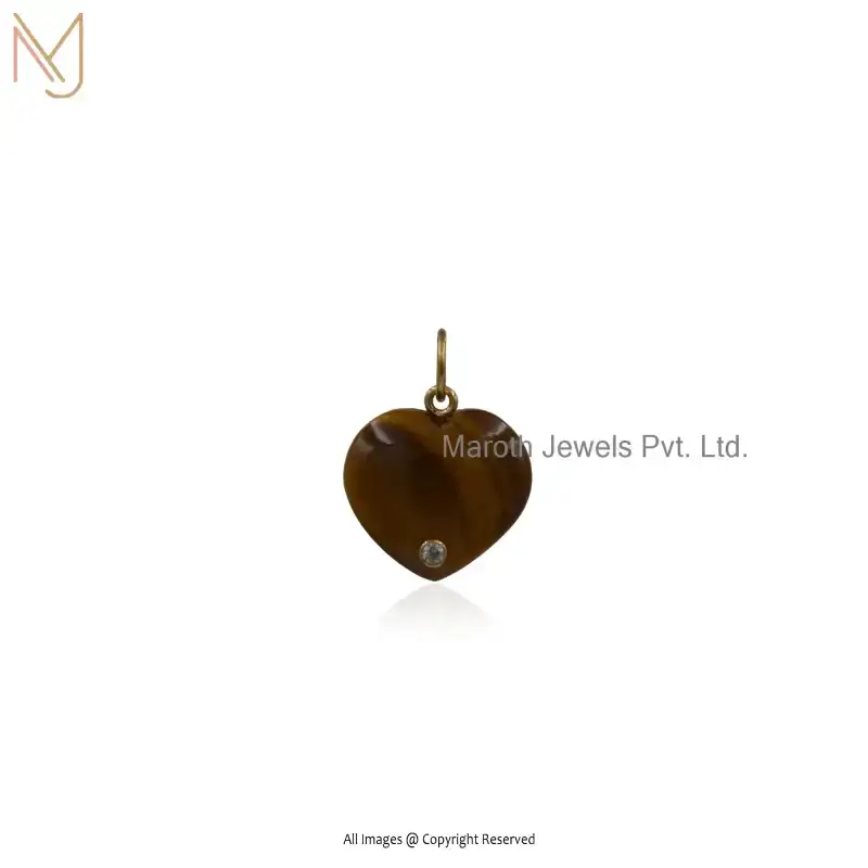 925 Silver Yellow Gold Plated Tiger's Eye & White Cubic Zircon Heart Pendant Manufacturer