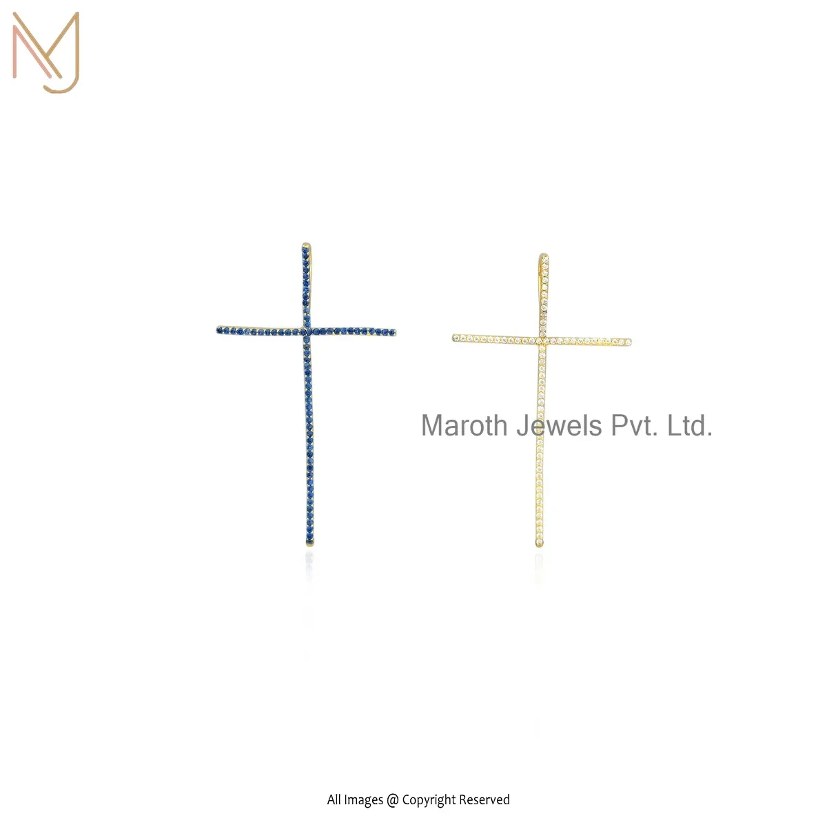 14K Yellow Gold Blue Sapphire Cross Pendant Jewelry Supplier