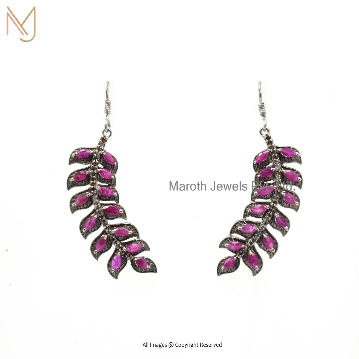 14K Yellow Gold Pave Diamond Ruby Leaf Shape Dangle Earring Custom Jewelry