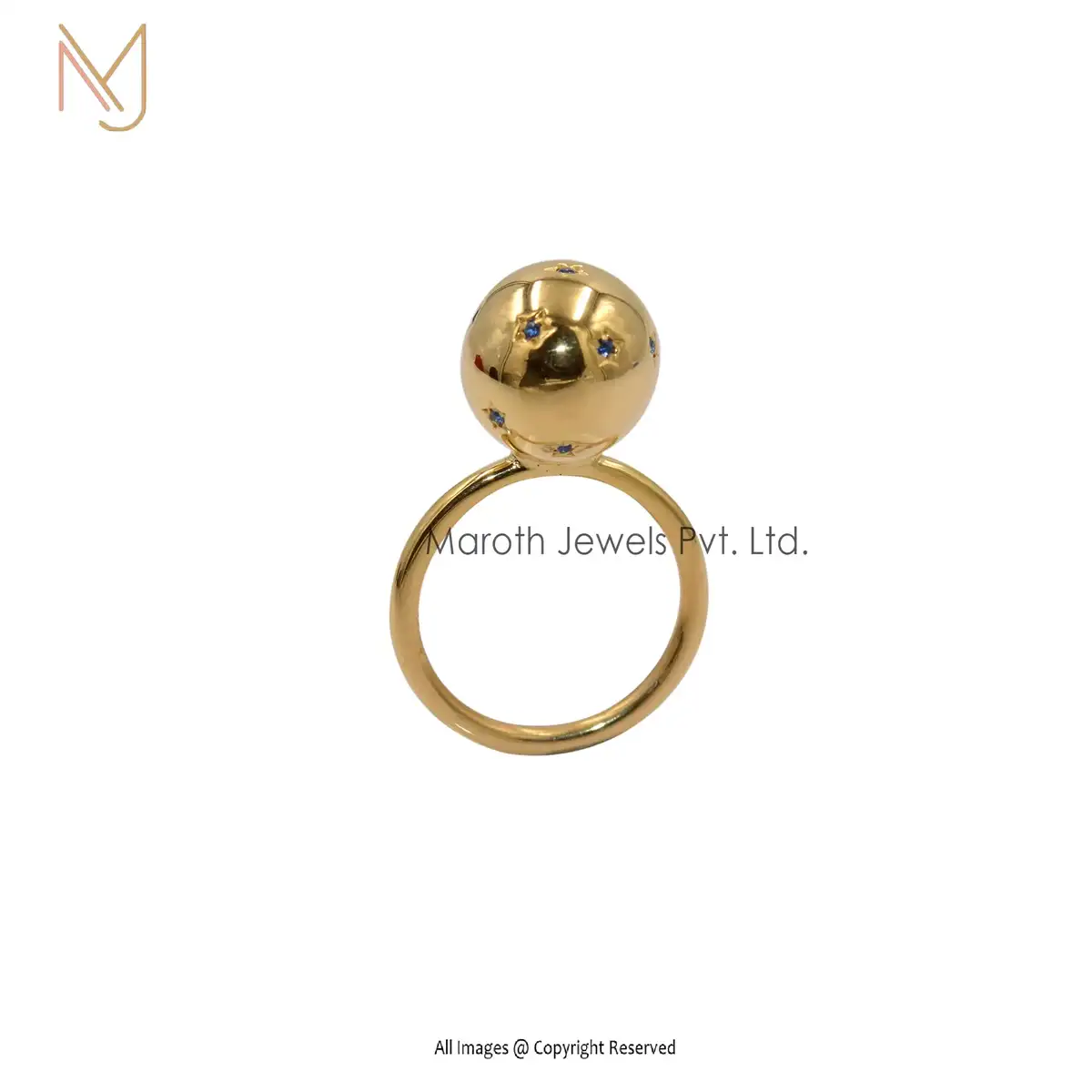 925 Silver Yellow Gold Blue Sapphier Starburst Ball Ring Manufacturer