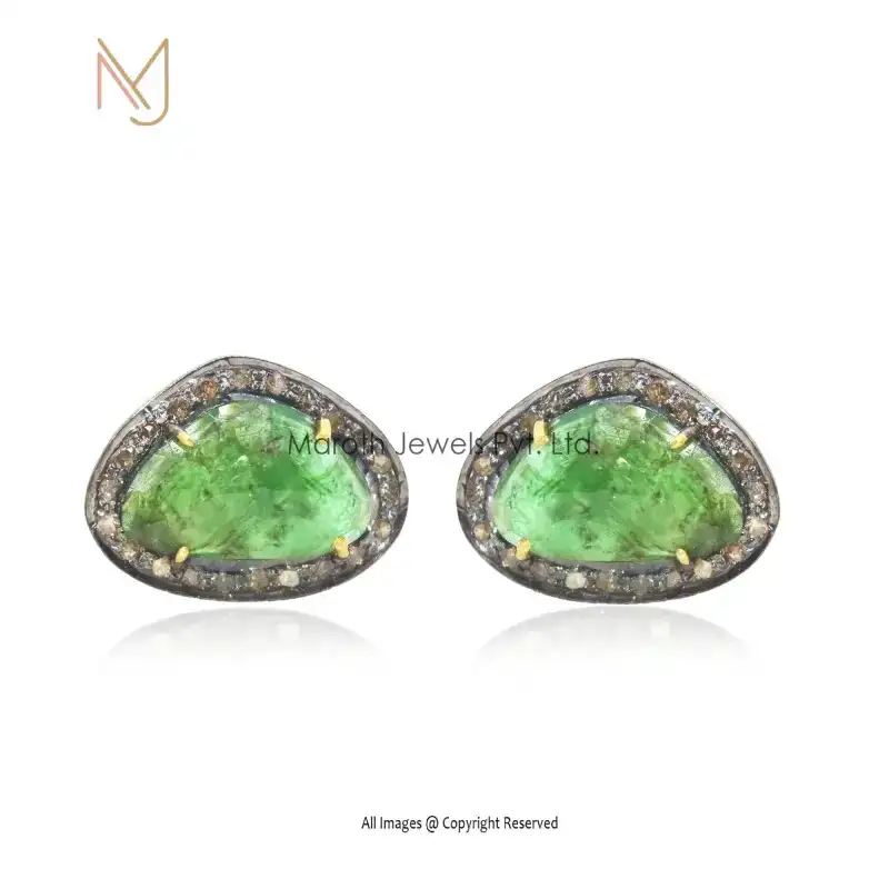 92.5 Silver Yellow Gold Rhodium Plated Pave Diamond Emerald Gemstone Earrings Custom Jewelry