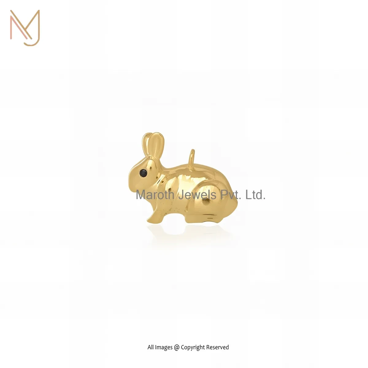 Private Lable 14K Soild Yellow Gold Black Cubic Zircon Rabbit Charm Pendant