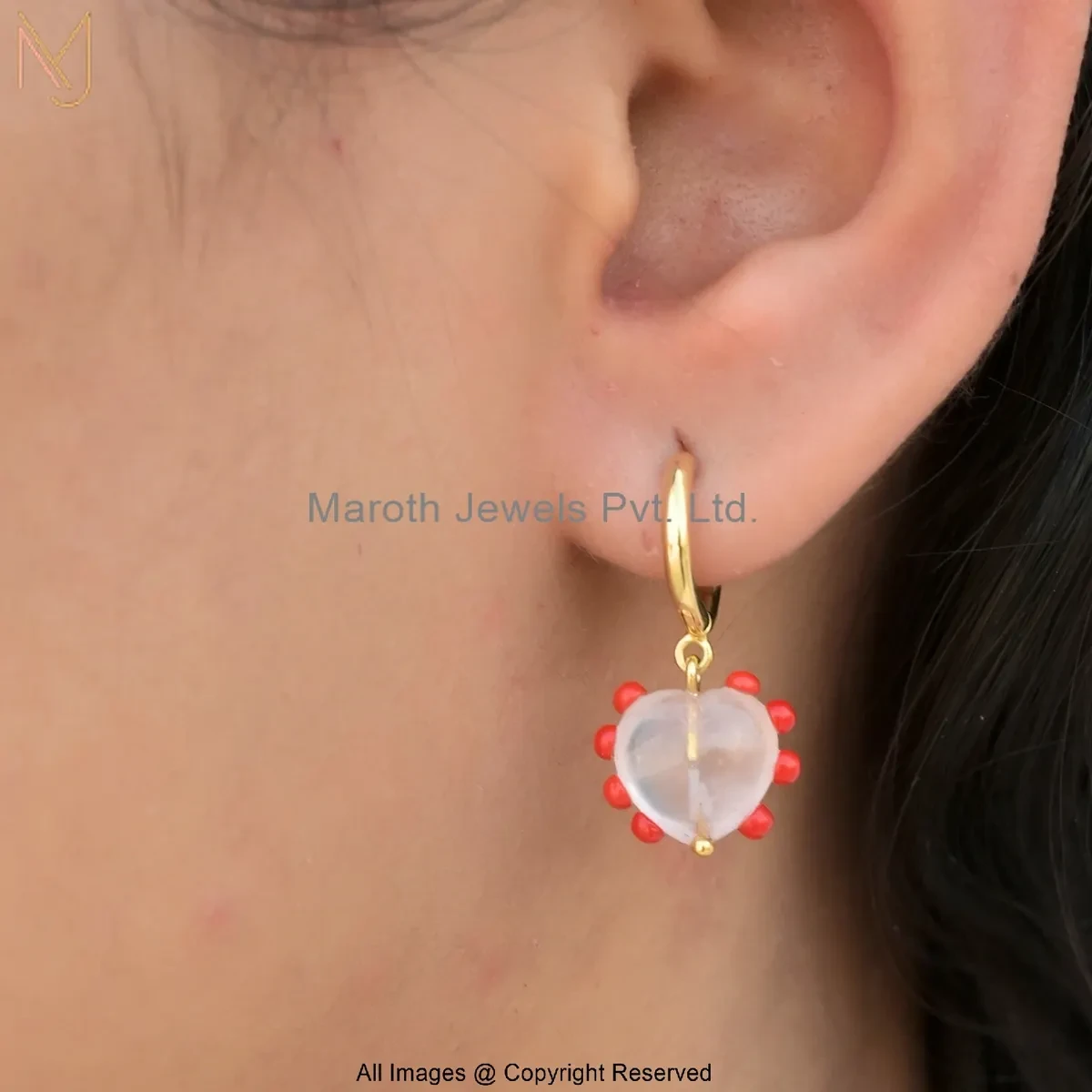 925 Silver Yellow Gold Plated Rose Quartz Heart Drop Earrings Jewelry Supplier