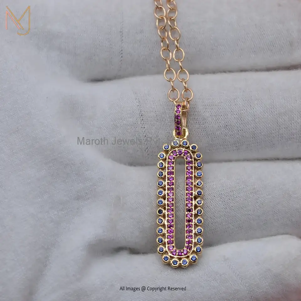 Private Lable 14K Yellow Gold Cubic Zircon & Ruby And Blue Sapphire Pendant Jewelry