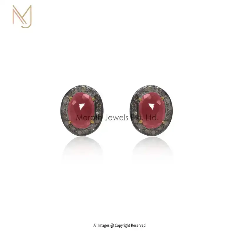925 Silver Yellow Gold Rhodium Plated Diamond Ruby Gemstone Stud Earring Custom Jewelry
