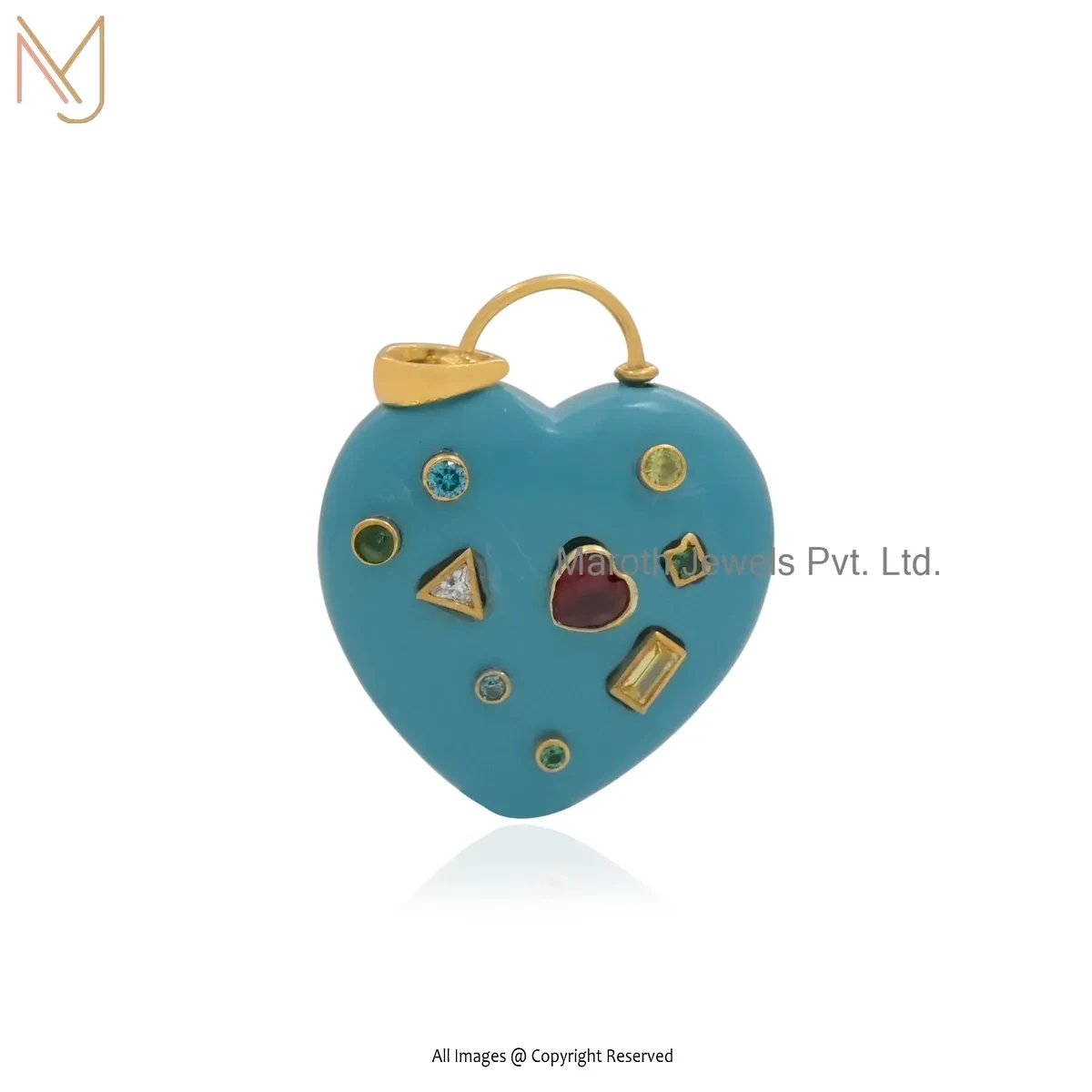 Wholesale 925 Silver Yellow Gold Plated Cubic Zircon & Turquoise Gemstone Heart Pendant