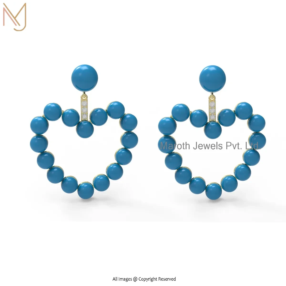 Wholesale 925 Silver Yellow Gold Plated Diamond Turquoise Gemstone Heart Design Stud Earring