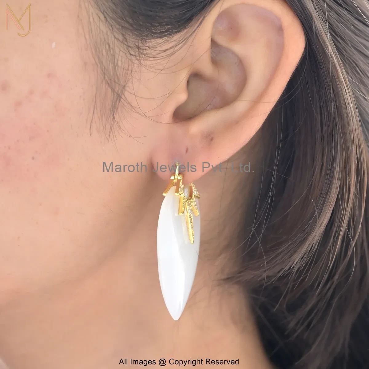 14K Yellow Gold Diamond Cubic Zircon Gemstone Shield Drop Earrings Custom Jewelry