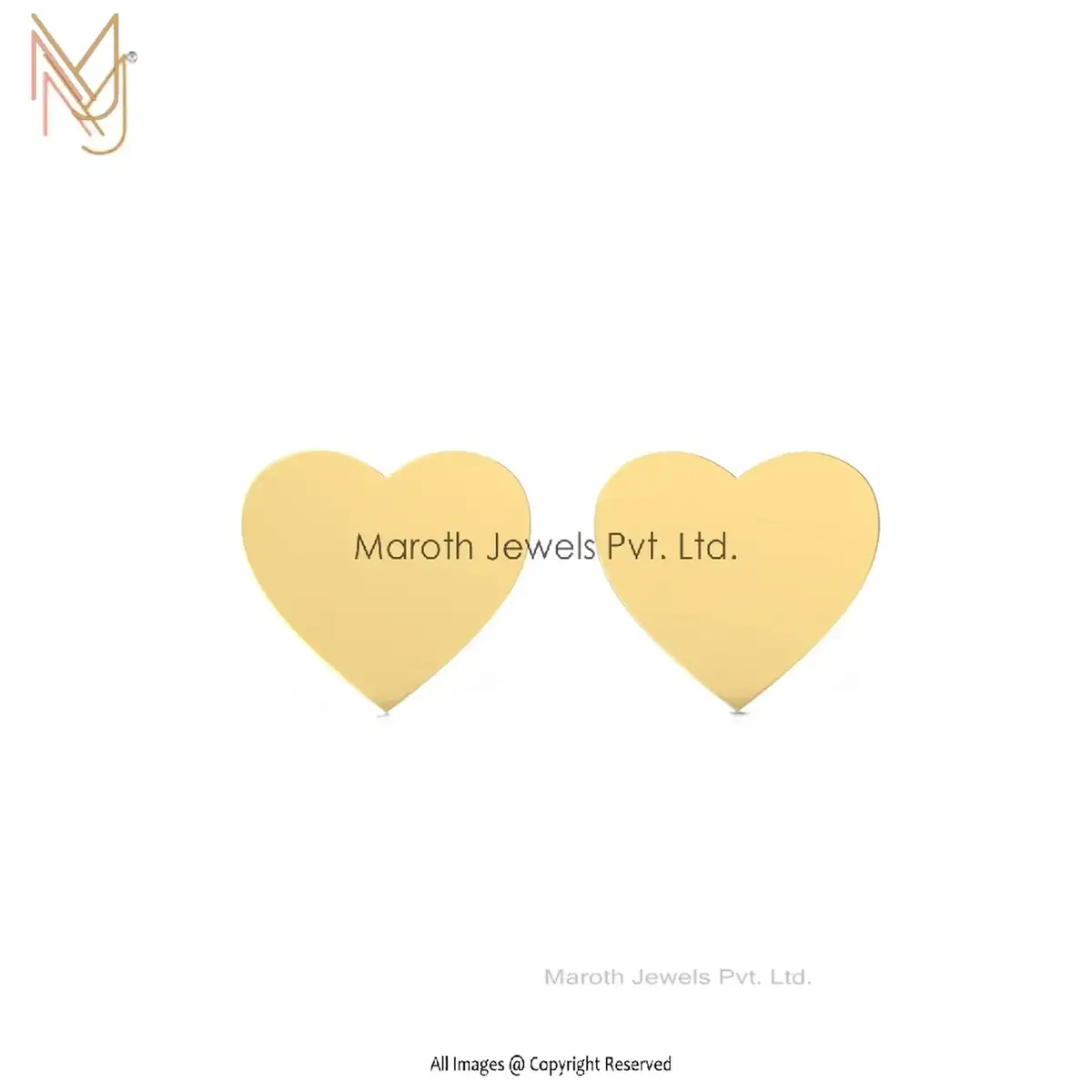 14K Yellow Gold Heart Design Studs Heart Earrings Handmade Jewelry Manufacturer