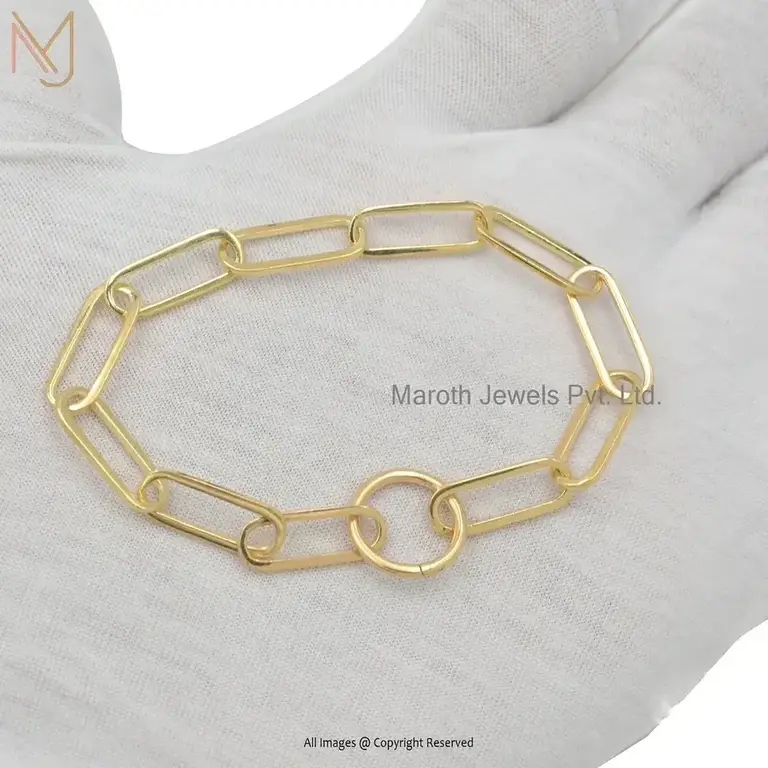 925 Silver Yellow Gold Plated Paperclip Chain Bracelet Jewelry Supplier