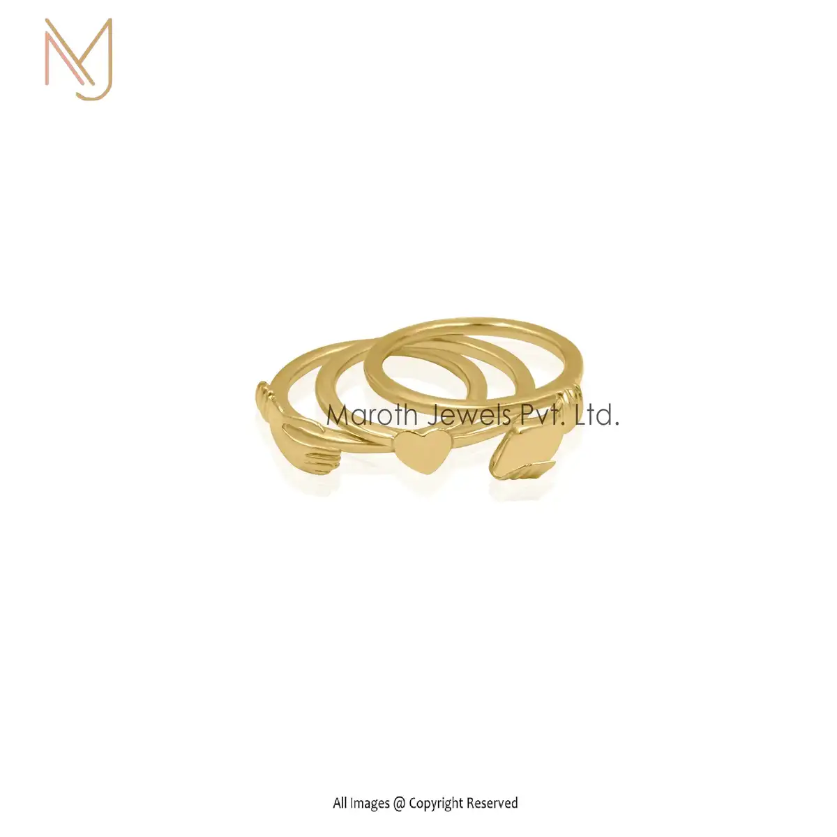14K Yellow Gold Heart Hand Band Ring Jewelry Supplier