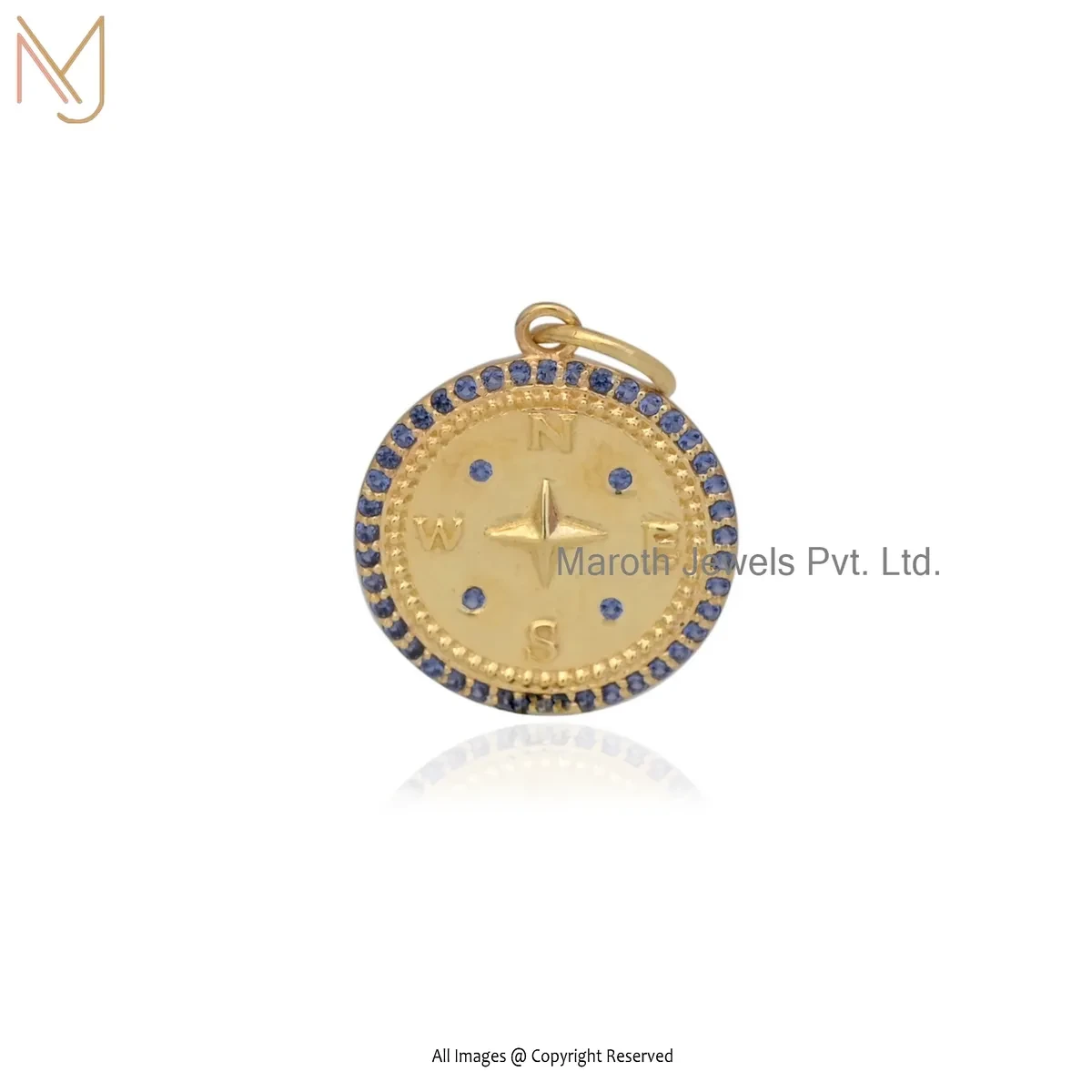 925 Silver Yellow Gold Plated Blue Sapphire Gemstone Compass Pendant Manufacturer