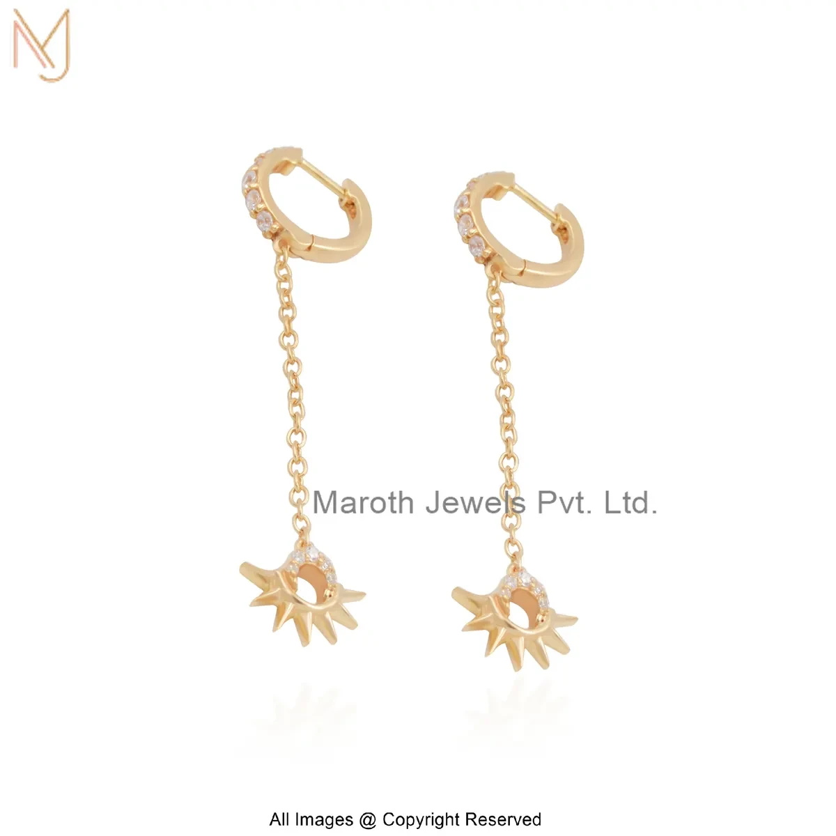 14K Yellow Gold Cubic Zircon Diamond Chain Huggies Dangle Earring Jewelry Supplier