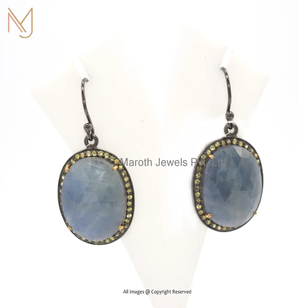 925 Silver Rhodium Plated Pave Diamond Blue Sapphire Gemstone Drop Earring Manufcaturer