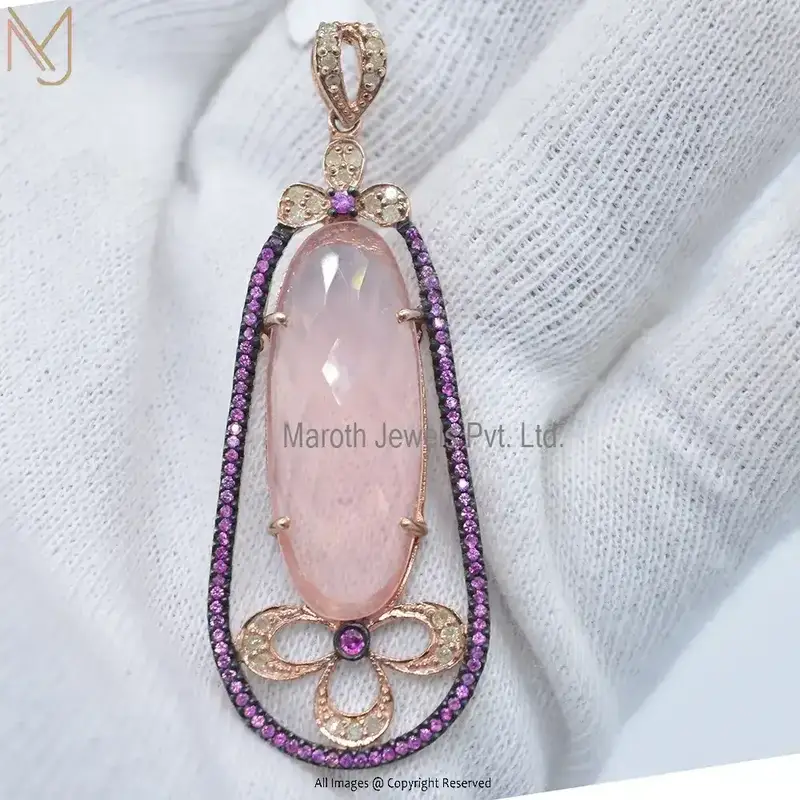 Private Lable 925 Sterling Silver Rhodium Rose Gold Plated Diamond Ruby & Rose Quartz Gemstone Pendant Jewelry