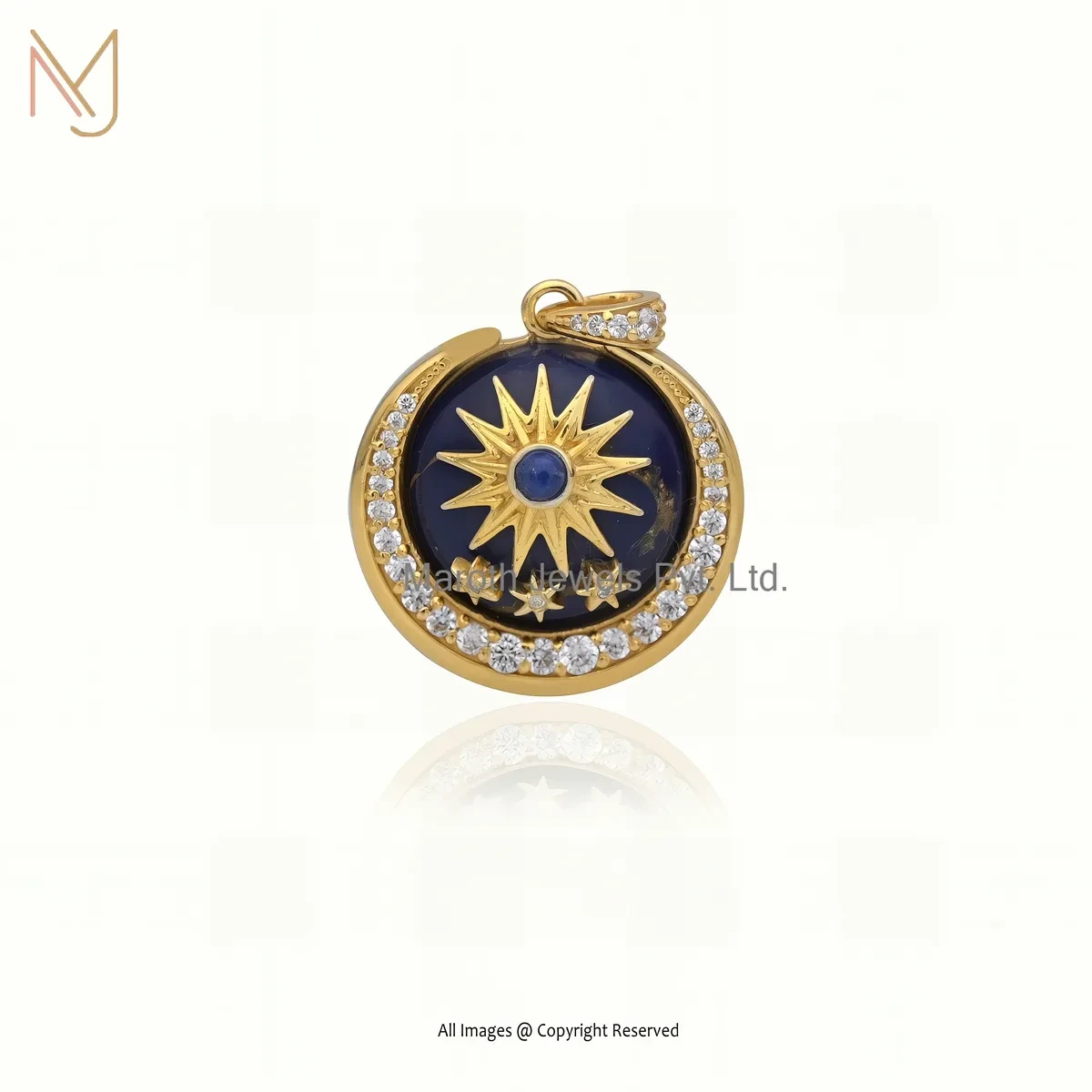 14K Yellow Gold Lapiz Lazuli And Cubic Zircon Star Moon Disc Pendant USA