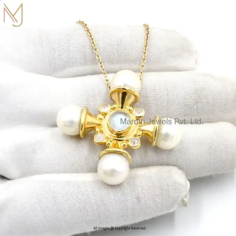 925 Silver Yellow Gold Plated Moonstone Pearl Cross Pendant Jewelry Supplier