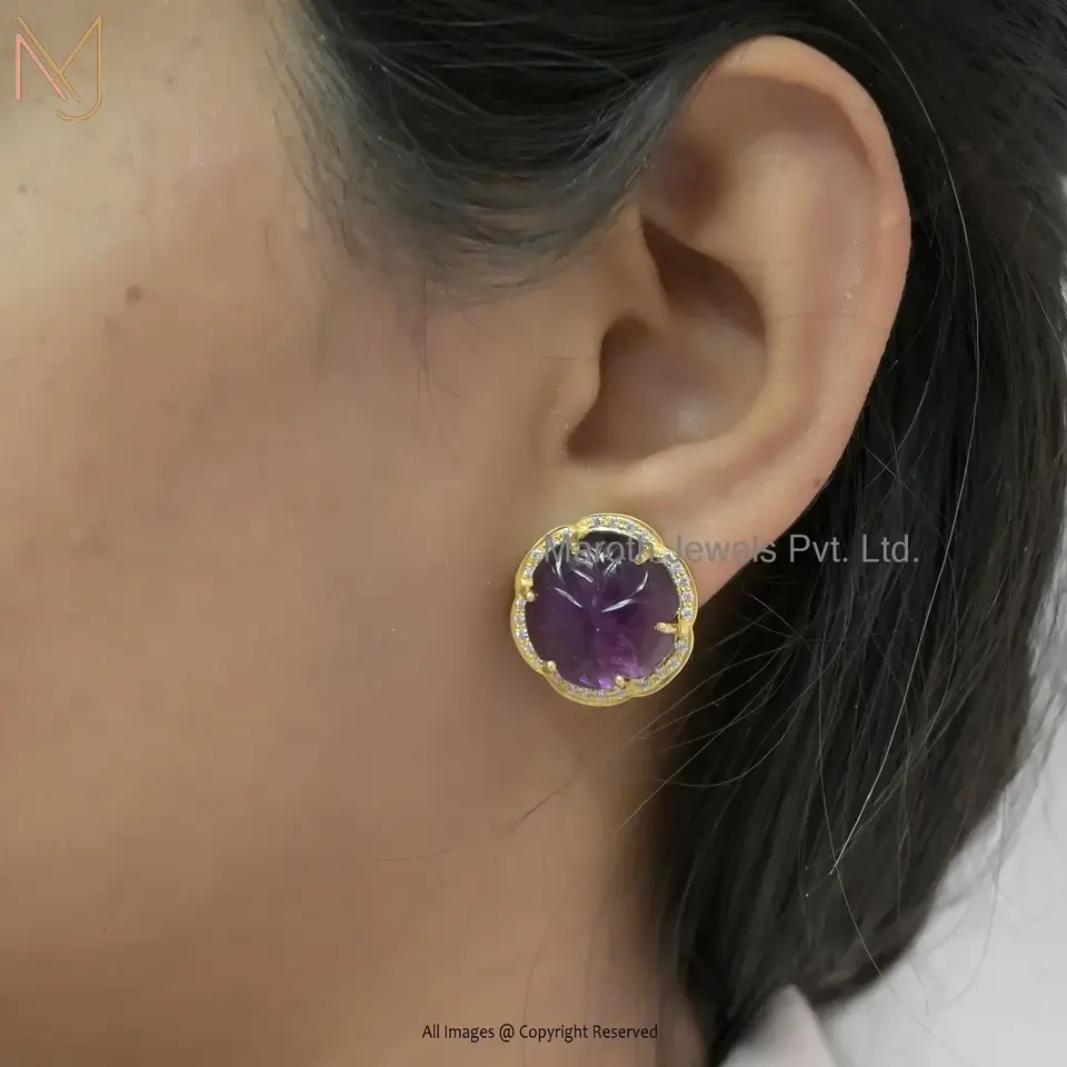 925 Silver Yellow Gold Plated Cubic Zircon Amethyst Stud Earring Manufacturer