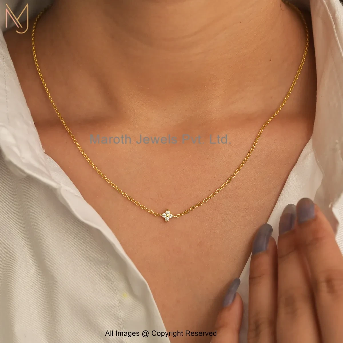Wholesale 925 Silver Yellow Gold Plated Moissanite Diamond Four-Petaled Floral Motif Necklace Jewelry
