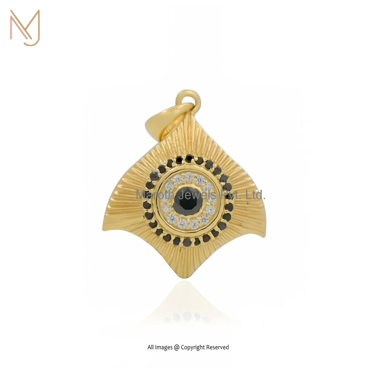 925 Silver Yellow Gold Plated Black Spinel & Cubic Zircon Fluted Fish Eye Pendant USA