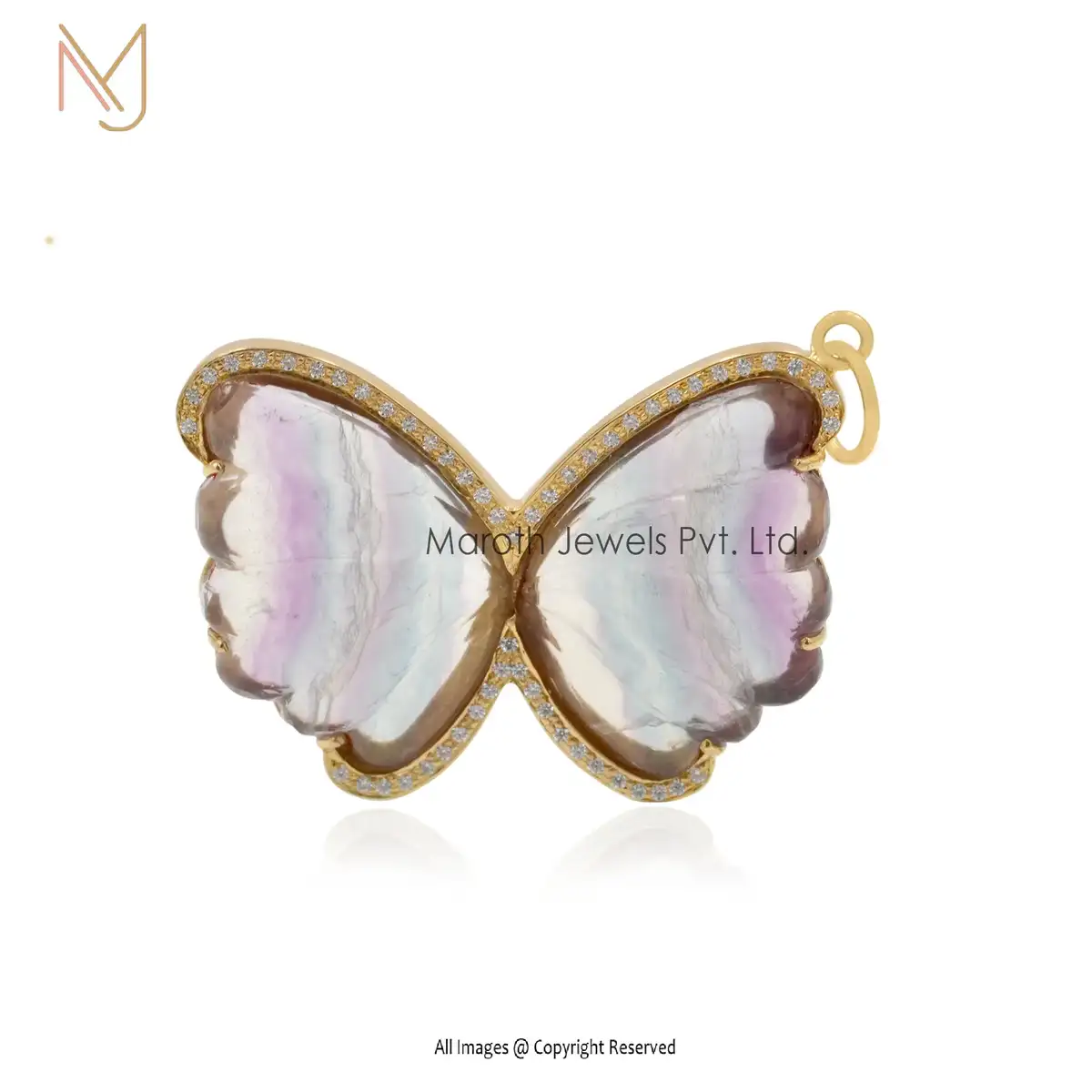 14K Yellow Gold Lapiz Lazuli & Moissanite Butterfly Pendant Jewelry USA