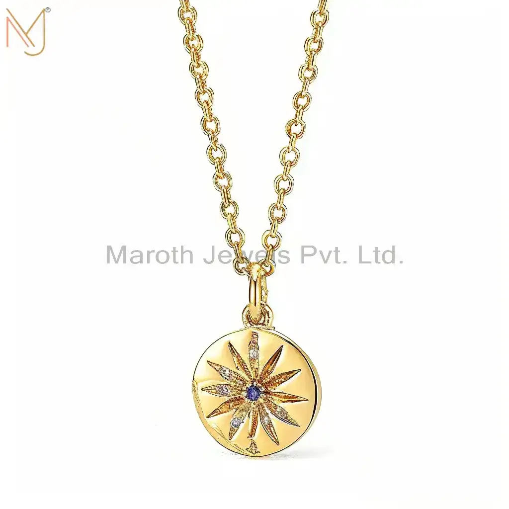 Wholesale 14K Yellow Gold Pruple CZ and Moissanite Round Shape Necklace
