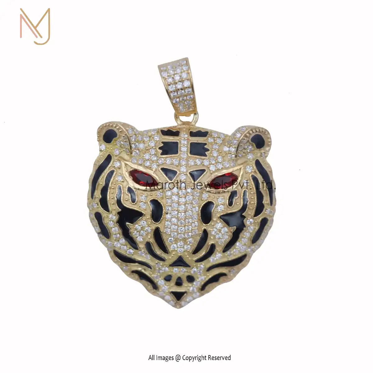 925 Silver Yellow Gold Pave Diamond & Garnet Gemstone Black Enamel Tiger Pendant Manufacturer