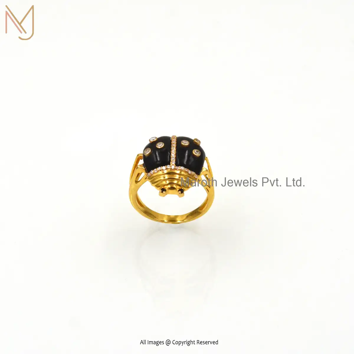 925 Silver Yellow Gold Plated Black Onyx & White CZ Bug Ring Custom Jewelry
