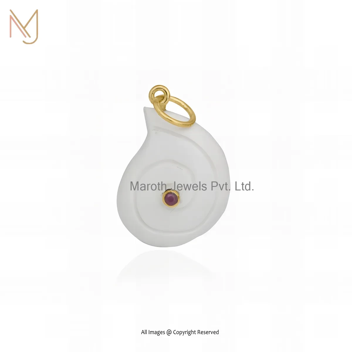 14K Yellow Gold Pink Cubic Zircon & Pink Opal Gemstoen Shell Charm Pendant USA