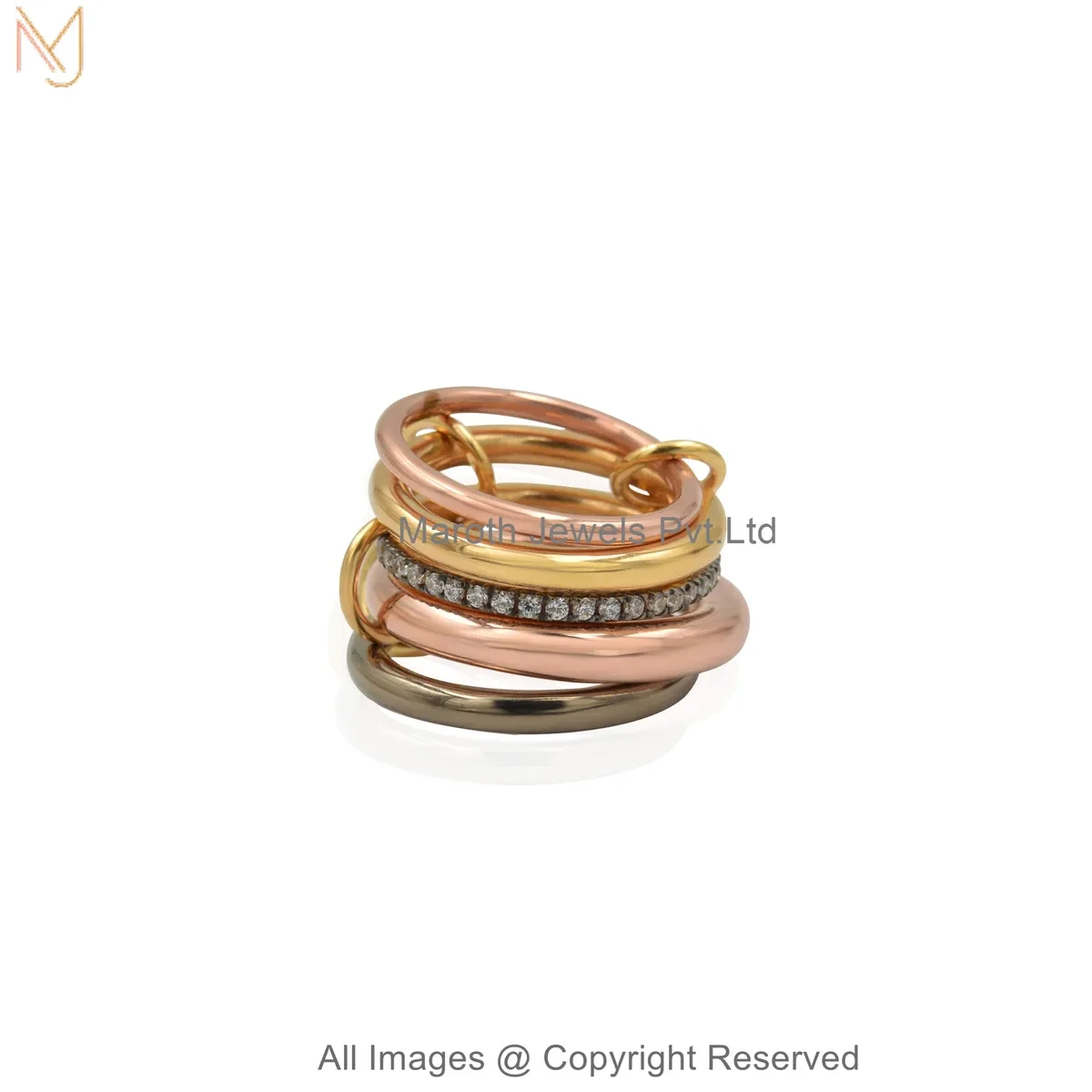 Private Lable 14K Yellow Gold Pave Diamond Cubic Zircon Gemstone Two Tone Multi Band Connector Ring