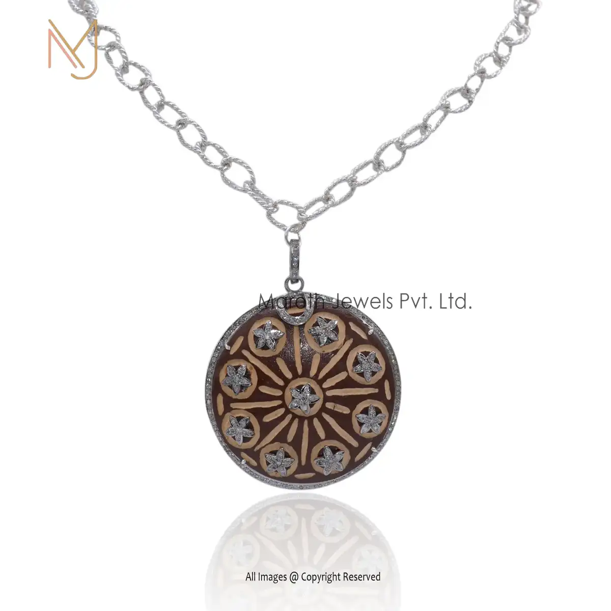 925 Silver Rhodium Pave Diamond Wooden Handmade Disc Designer Pendant Jewelry USA