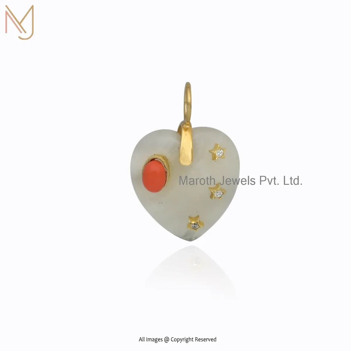 14K Yellow Gold Cubic Zircon & Turquoise & Orange Coral Gemstone Heart Pendant USA