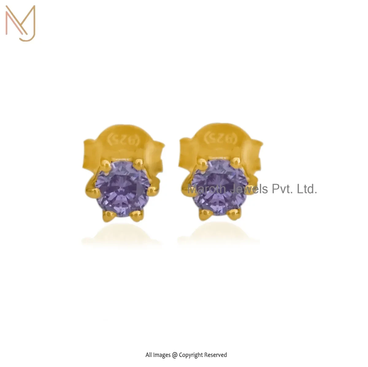925 Silver Yellow Gold Plated Amethyst Round Stud Earring Manufacturer