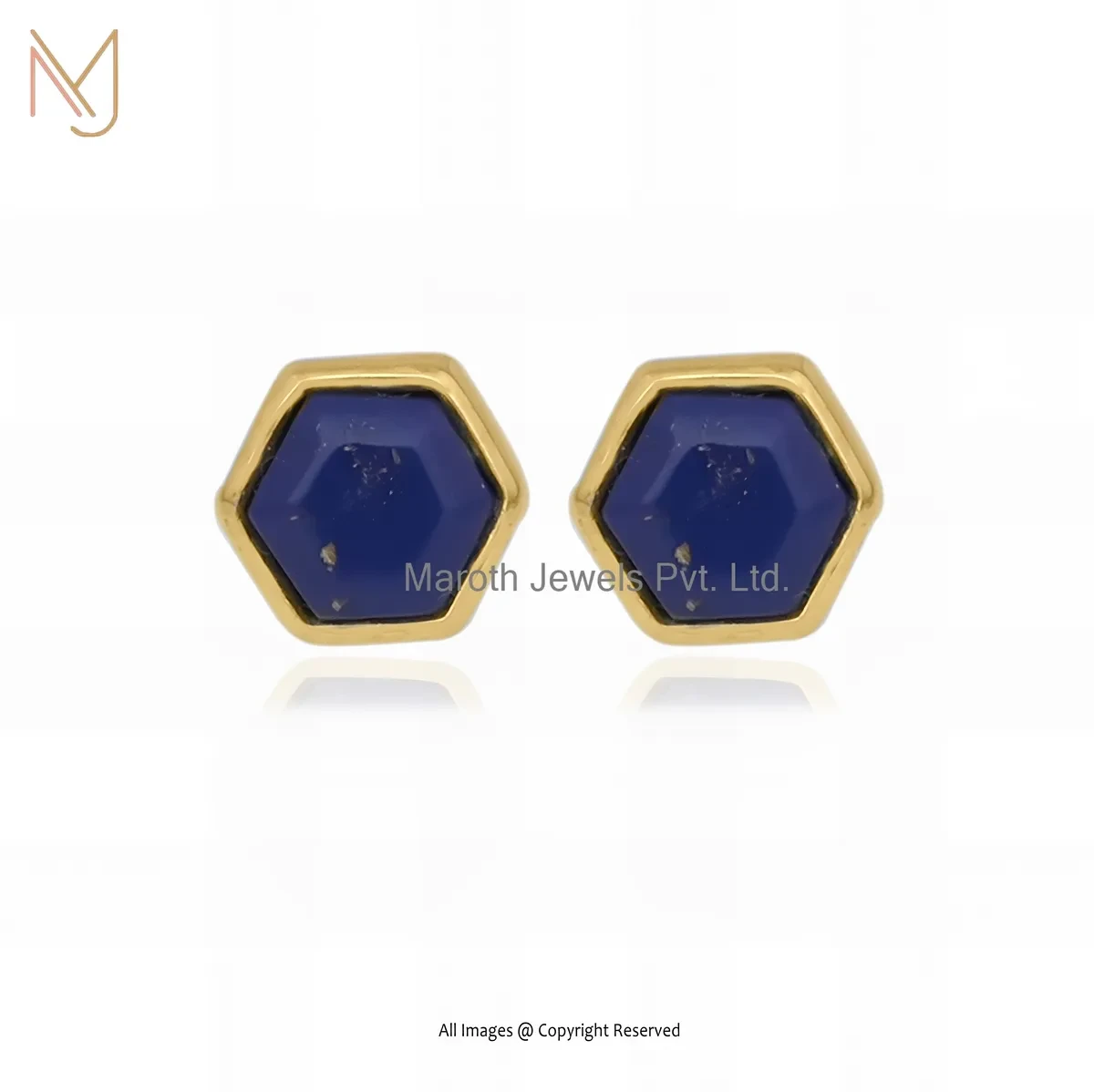 Private Lable 925 Sterling Silver Yellow Gold Plated Lapiz Lazuli Hexagon Studs Earrings