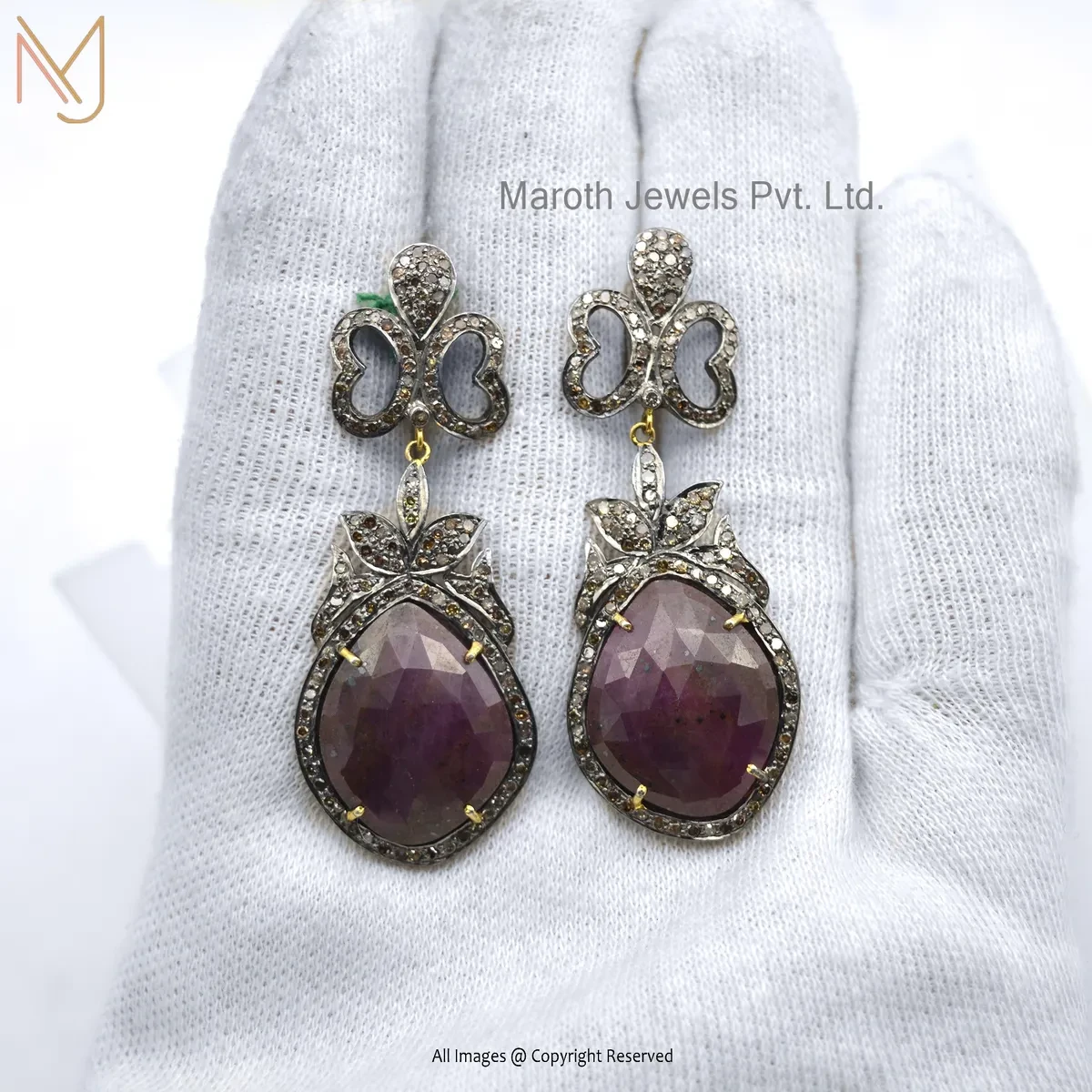 925 Silver Yellow Gold Plated Diamond Ruby Drop Earring Jewelry Supplier