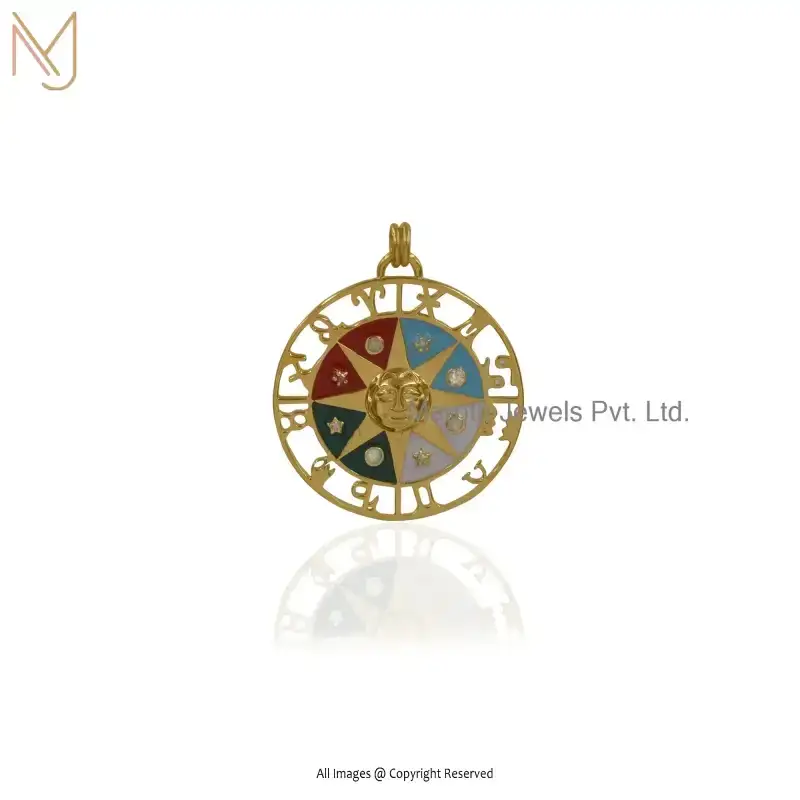 Private Lable 925 Sterling Silver Yellow Gold Plated Diamond Multi Gemstone Compass Pendant