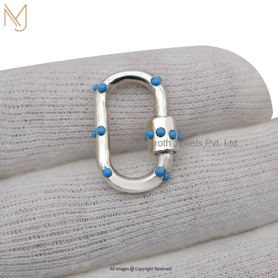 925 Silver White Gold Plated Turquoise Gemstone Carabiner Lock Jewelry Supplier