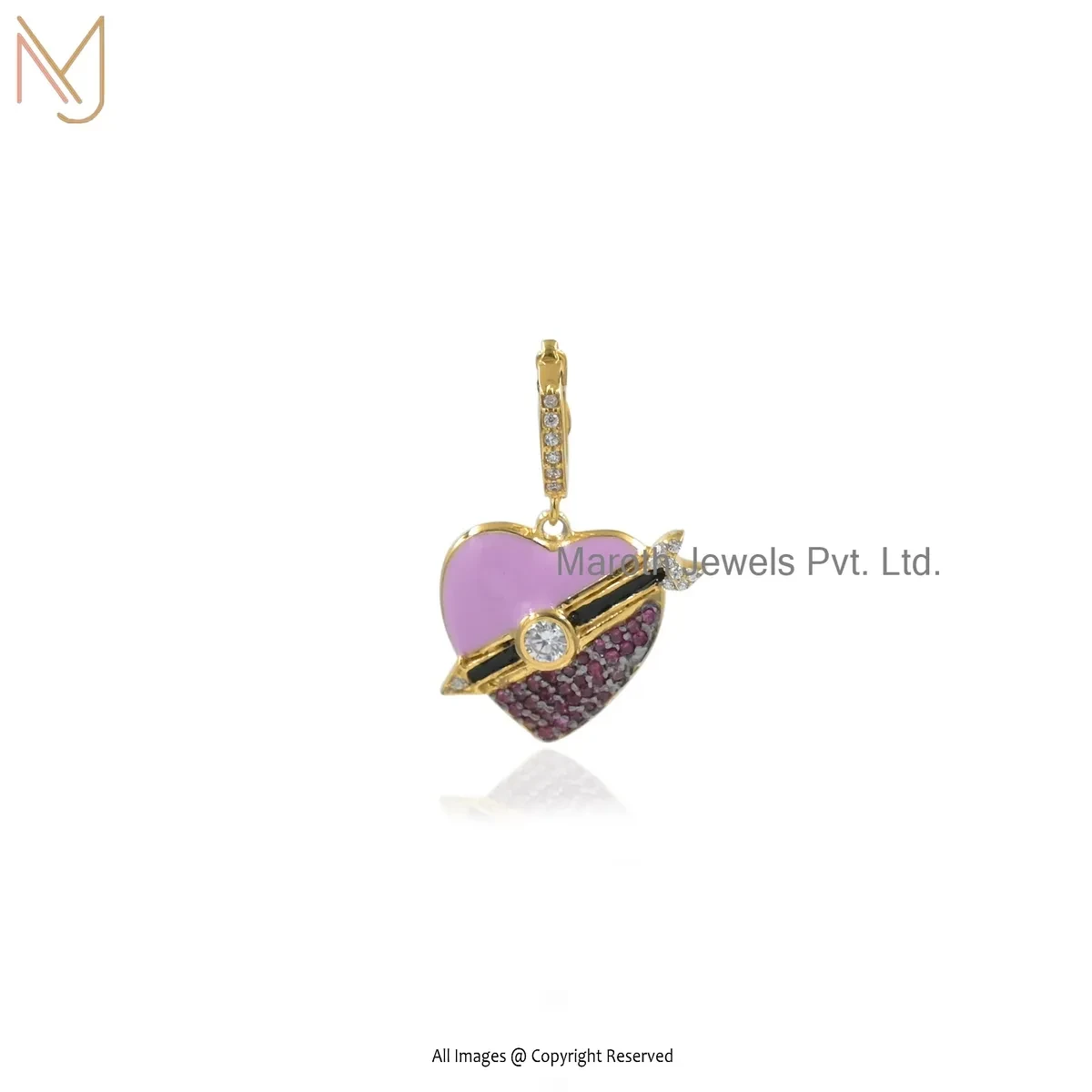 925 Sterling Silver Yellow Gold Plated Ruby Cubic Zircon & Enamel Heart Pendant USA