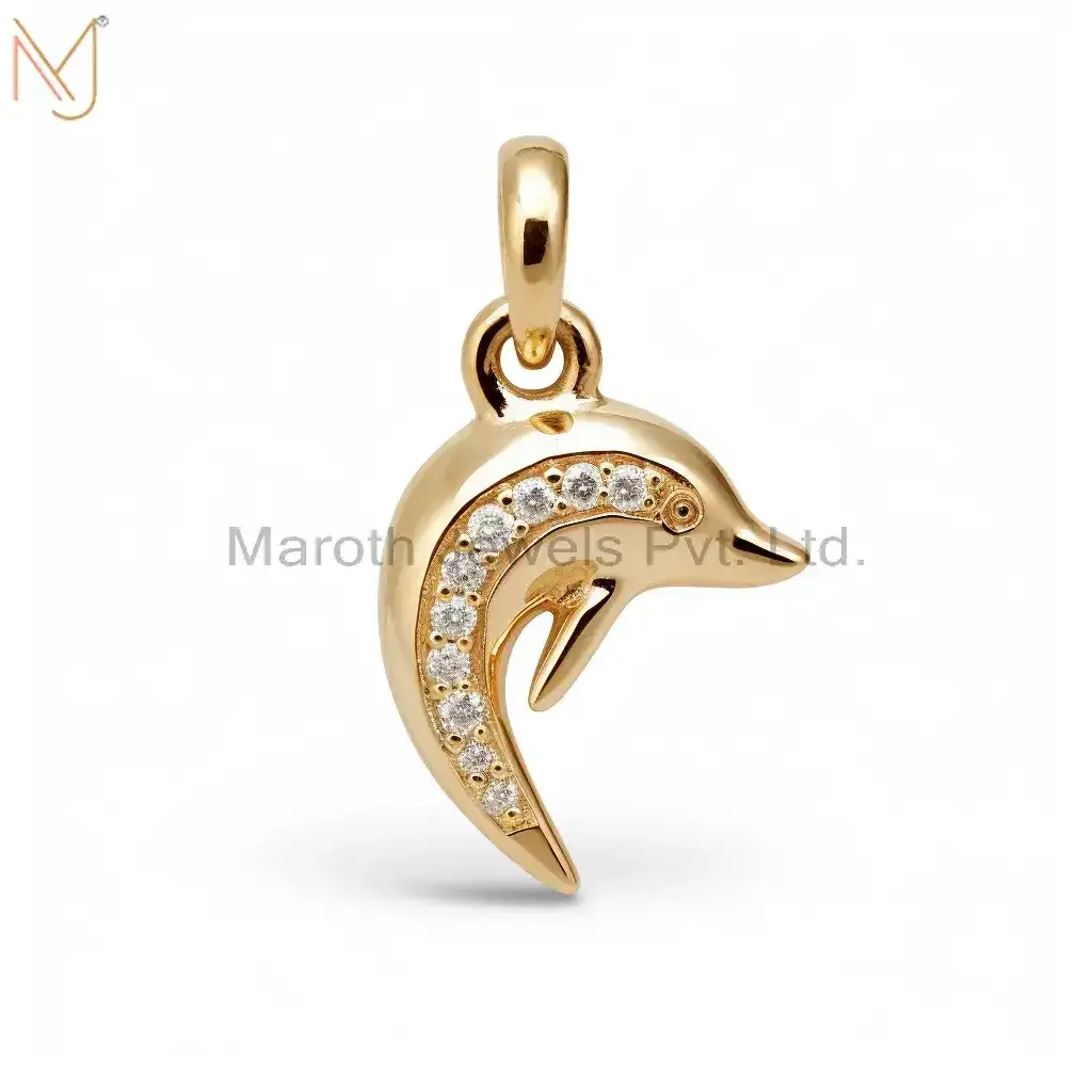 925 Sterling Silver Yellow Gold Plated CZ Dolphin Pendant Custom Jewelry