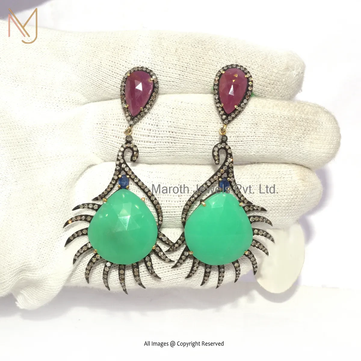 14K Yellow Gold Pave Diamond , Ruby , Blue Sapphire , Green Onyx Dangle Earring USA