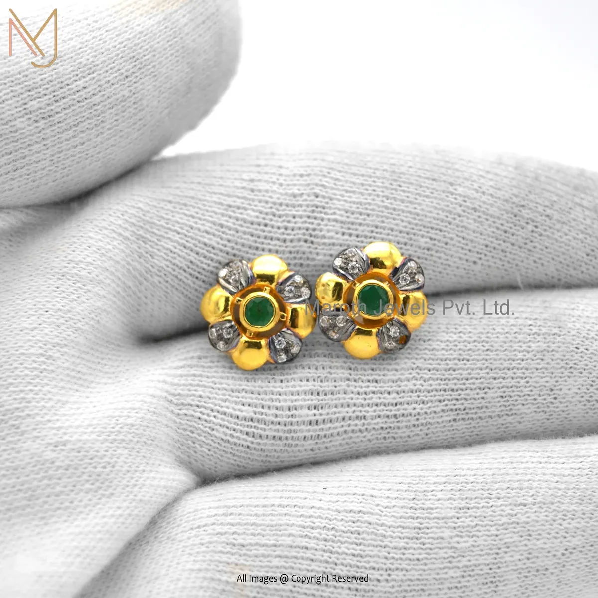 Wholesale 14K Yellow Gold Diamond Emerald Gemstone Flower Shape Stud Earring
