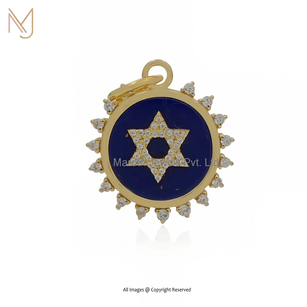 14K Yellow Gold Cubic Zircon & Lapiz Lazuli Star Disc Pendant Custom Jewelry